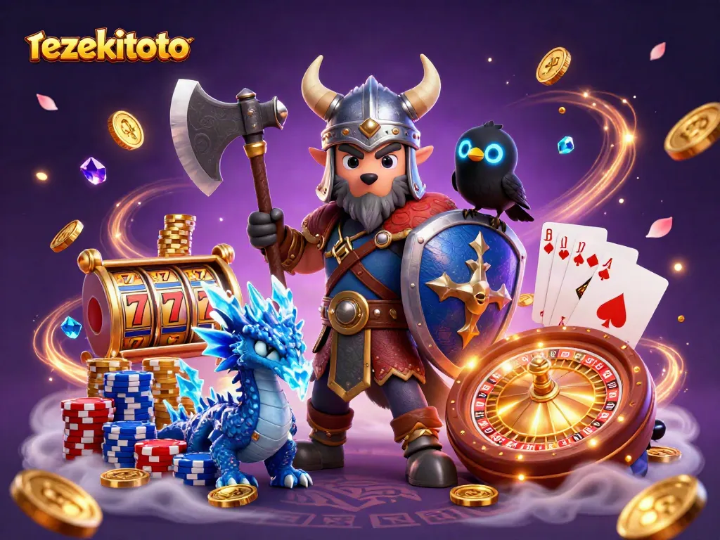 Experience the excitement of rezekitoto with a dynamic illustration of a Viking warrior, dragon, and coins.