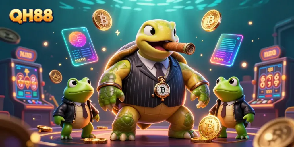 Engage in exciting casino adventures at QH88 with a vivid 3D cartoon scene showcasing crypto elements and vibrant characters.
