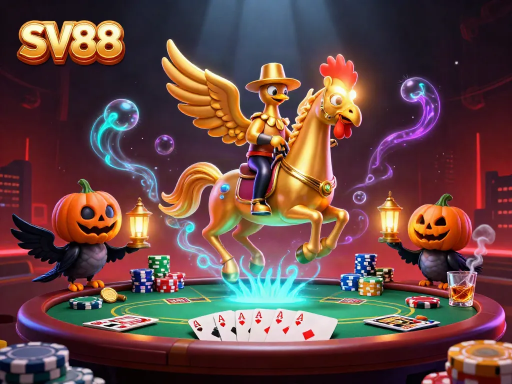 SV88 golden rooster headless horseman surrounded by poker elements in a vibrant casino scene.