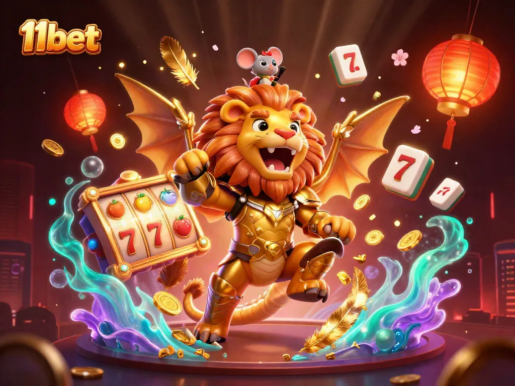 11bet empowering players with vibrant slot machines and joyous festive elements in a dynamic casino scene.