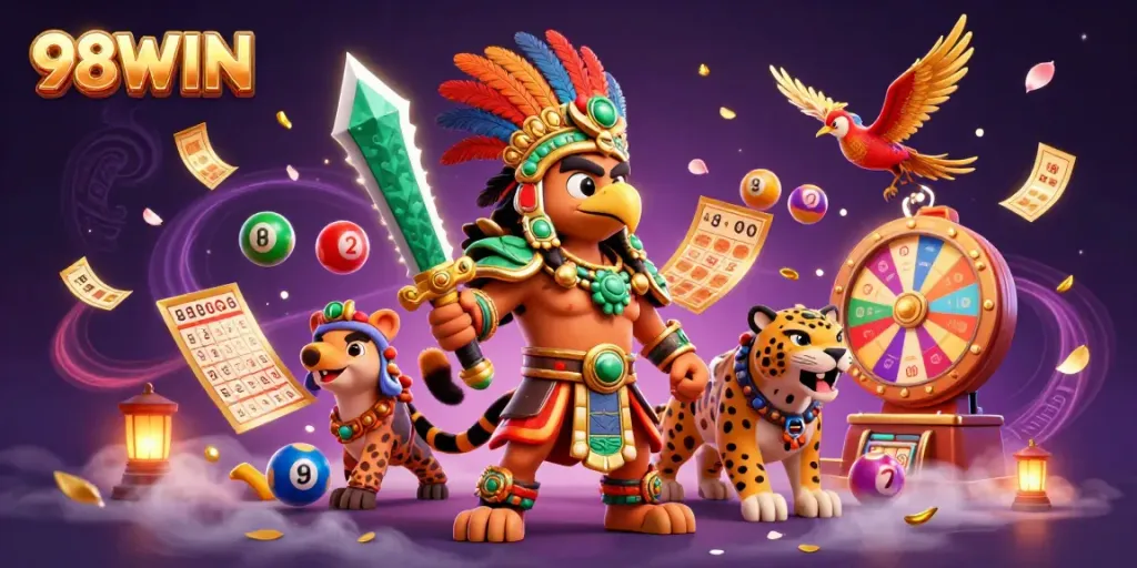 Engage with 98WIN's vibrant lottery scene featuring colorful dynamics and Aztec-themed characters.