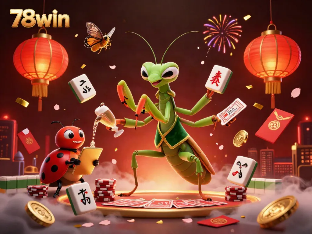 Engage in thrilling gaming with 78win, featuring a lively scene of a mantis card sharp, ladybug pit boss, and festive elements.