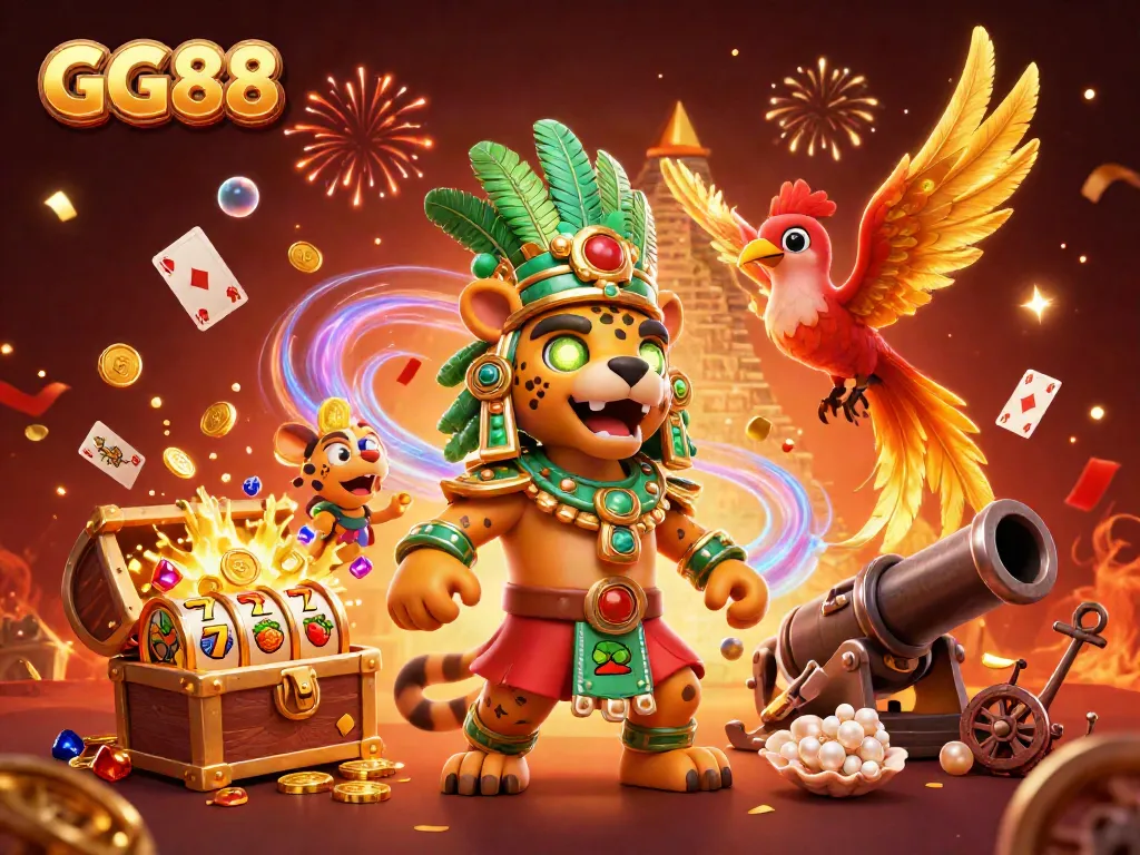 Experience GG88 with a vibrant 3D scene showcasing Mayan elements, filled with treasure and excitement.