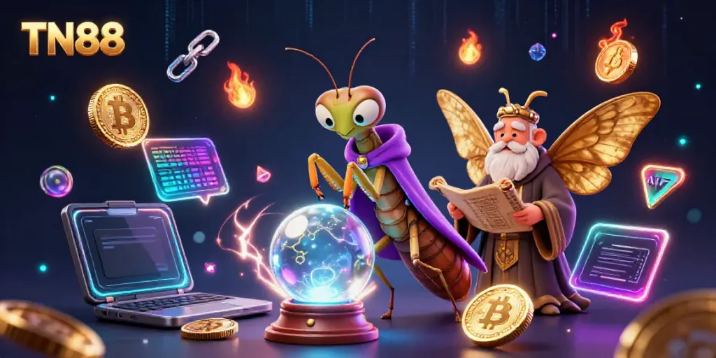 Experience a thrilling moment at TN88 with vibrant 3D characters and crypto elements in this dynamic illustration.