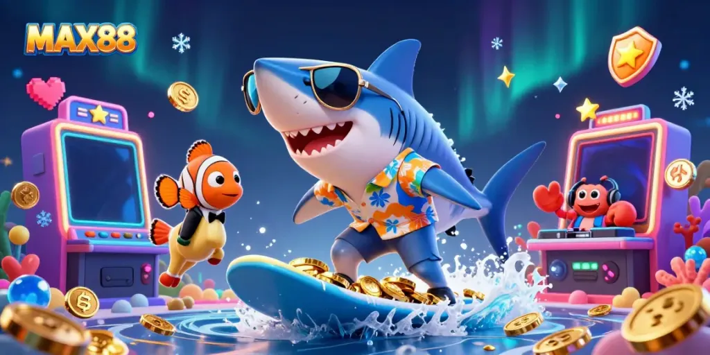 Experience winning with MAX88 as a shark surfs on gold coins surrounded by colorful slot machines.