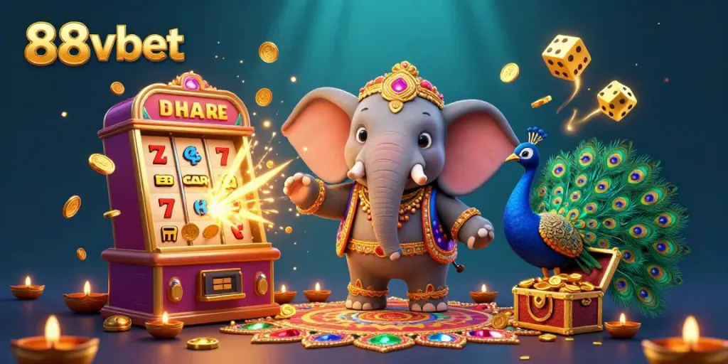 Experience thrilling jackpots at 88vbet with a vibrant casino scene featuring a celebratory elephant and slot elements.