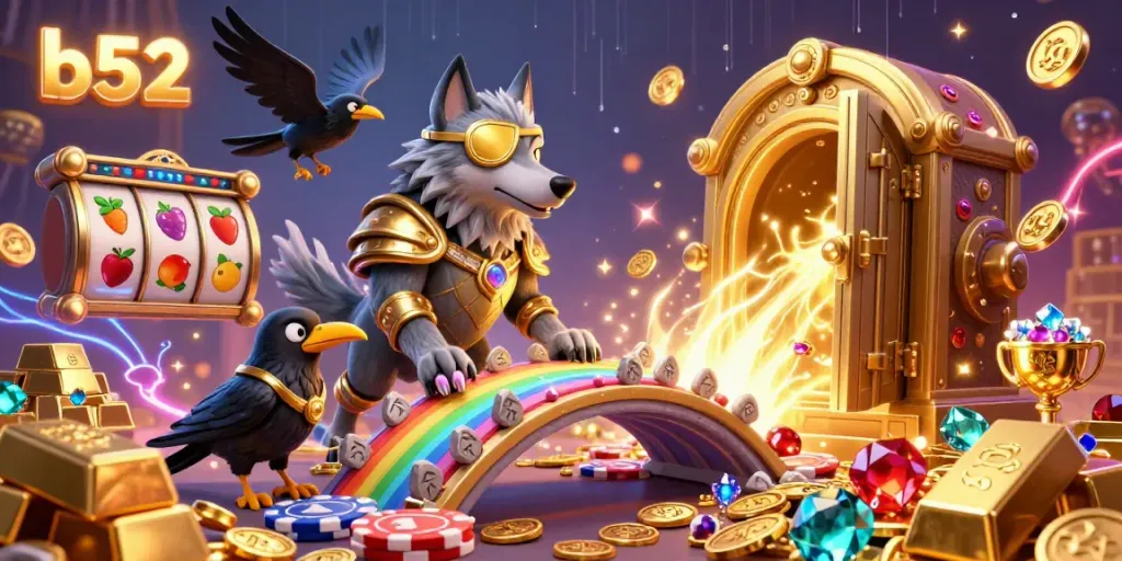 Engage in thrilling gameplay at b52, where a mythical scene unfolds with flourishing casino elements.