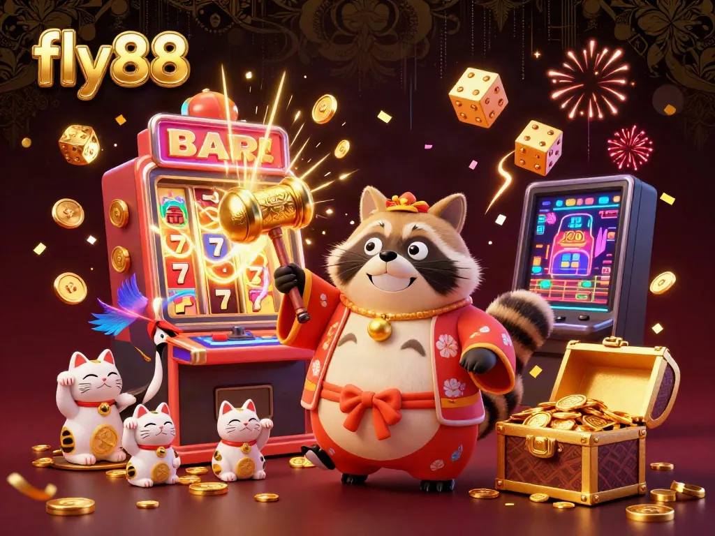 Engage with the fly88 casino experience, featuring a cheerful tanuki surrounded by vibrant jackpot elements.