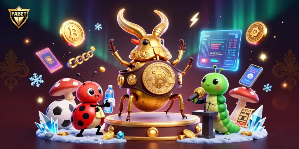 Experience thrilling sports betting with FABET's striking golden stag beetle champion illustration.