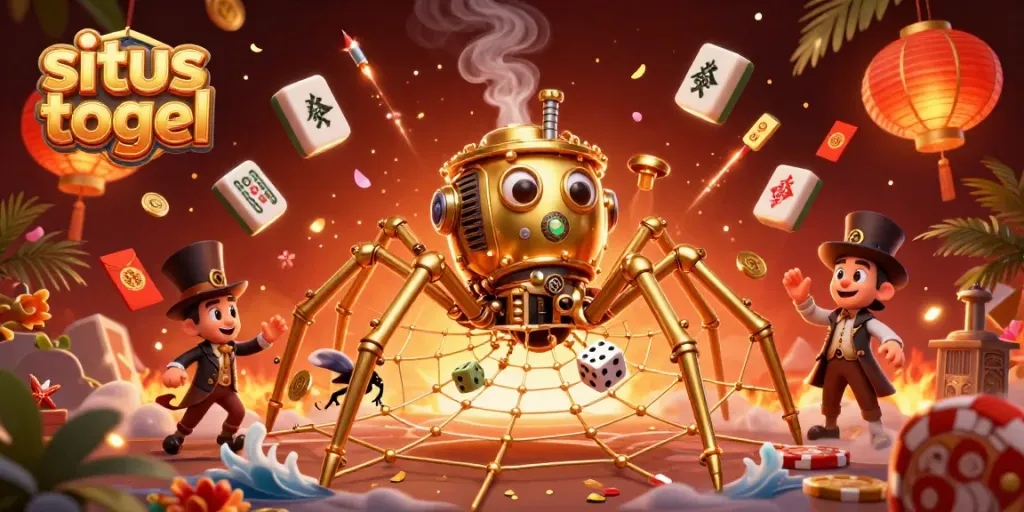 Engage with situs togel through a vibrant 3D illustration showcasing a steampunk spider, dice, and colorful game elements.