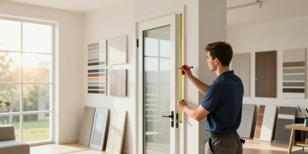 Installation of Harga pintu upvc in a modern home with technician and samples.