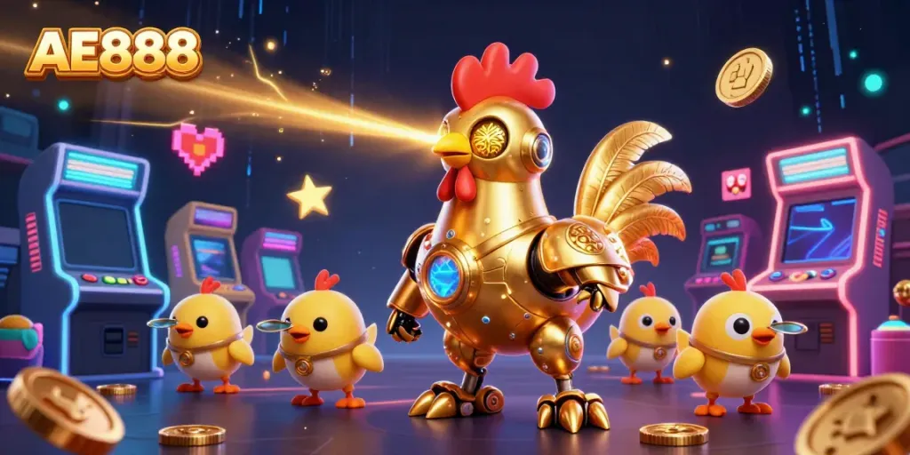 Engage with AE888's vibrant casino scene featuring dynamic gaming animations and colorful characters.