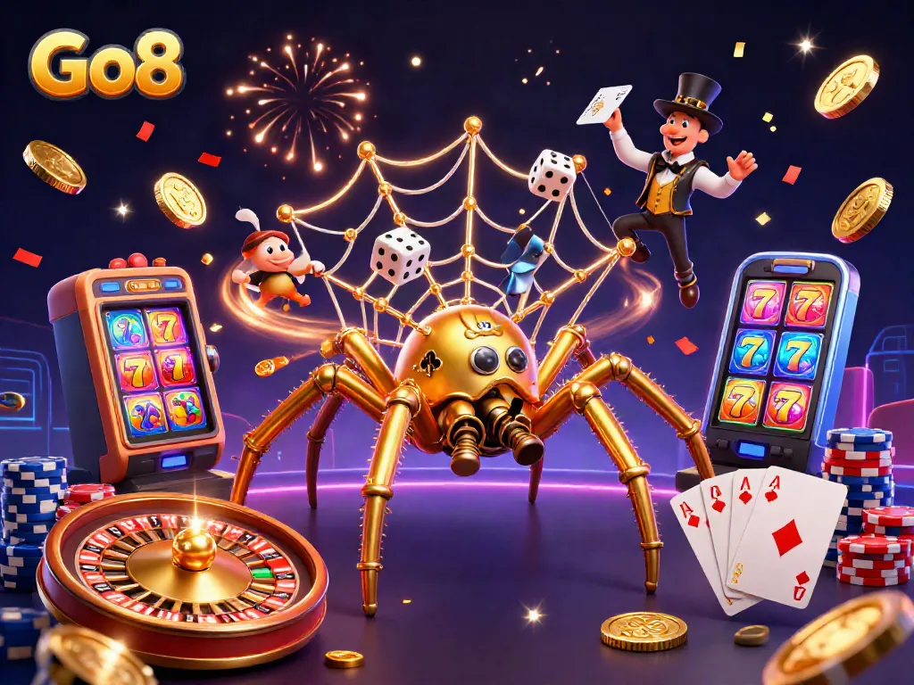 Play engaging casino games with Go8's 3D steampunk scene featuring web of luck and excitement.