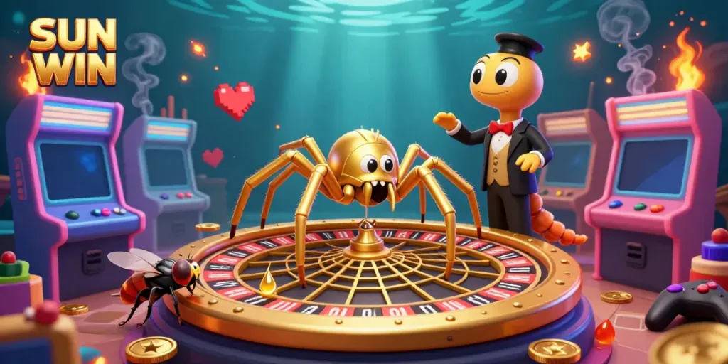 Experience exciting gaming action at SUN WIN with a golden spider roulette wheel, vibrant arcade games, and a thrilling atmosphere.
