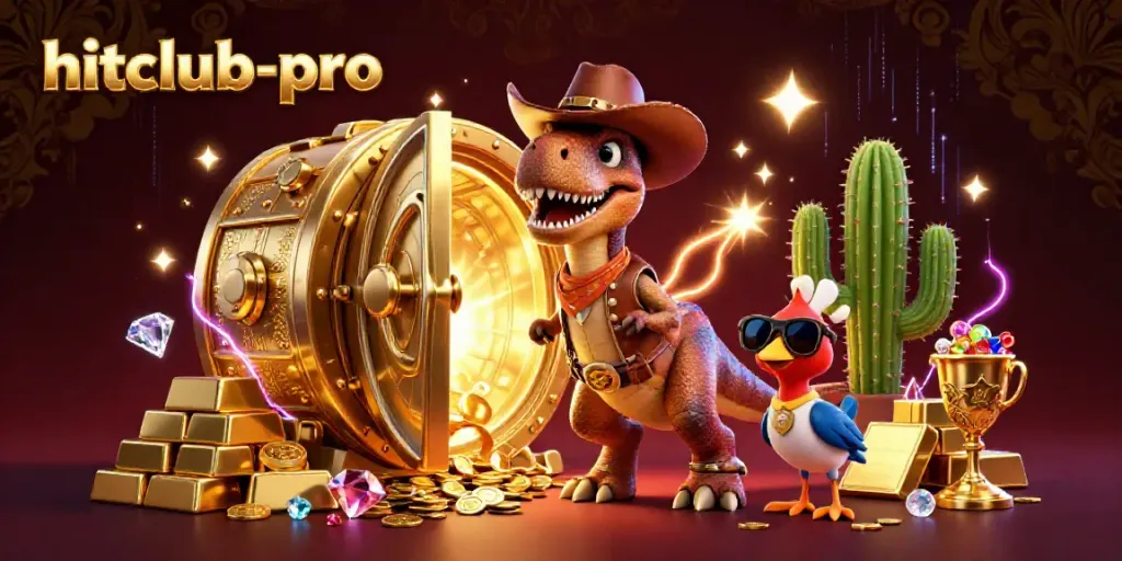 An engaging casino scene featuring hitclub-pro's characters with gold treasures and dazzling gems.