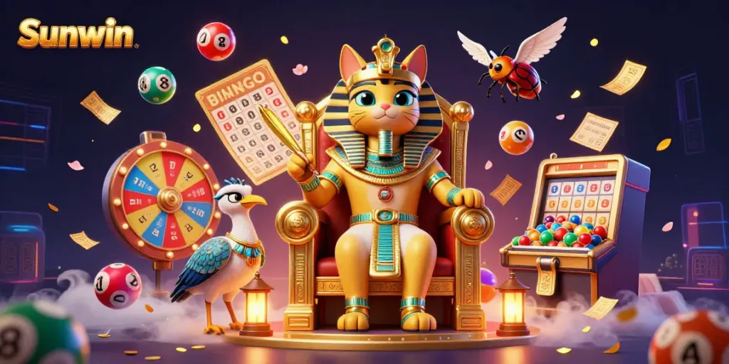 Experience the thrill of Sunwin's vibrant gaming scene with a pharaoh and scribe amidst colorful casino elements.