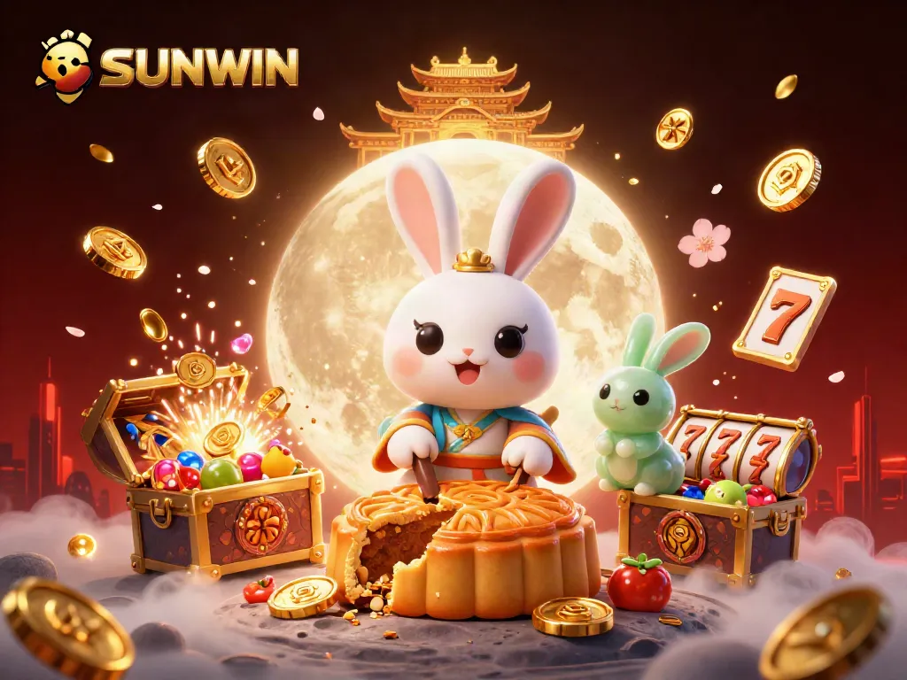 SUNWIN showcases a vibrant 3D scene with a moon rabbit and casino elements, immersing players in a rich gambling adventure.