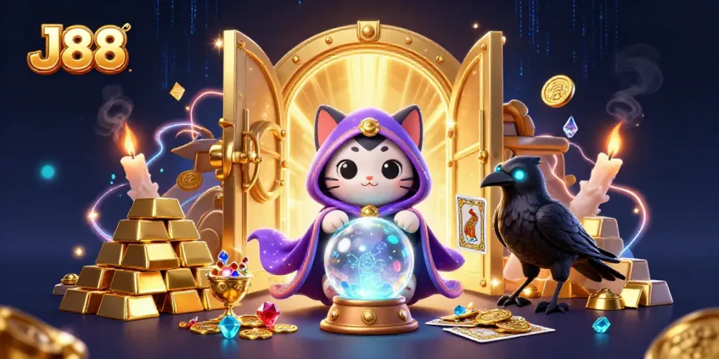 Experience thrilling jackpots with J88 in a magical casino scene filled with treasures and vibrant characters.