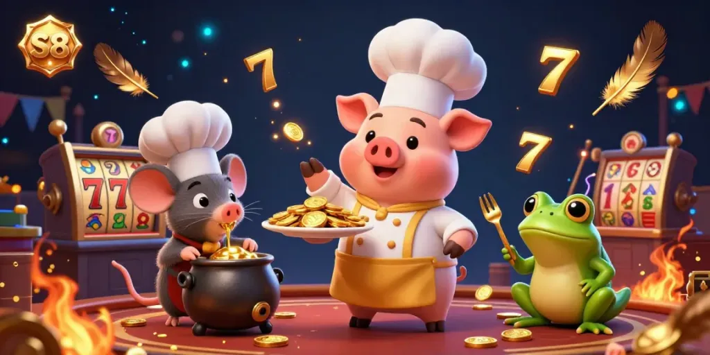 Experience the thrill of S8 gaming in a vibrant casino scene featuring a chef pig and golden coins.