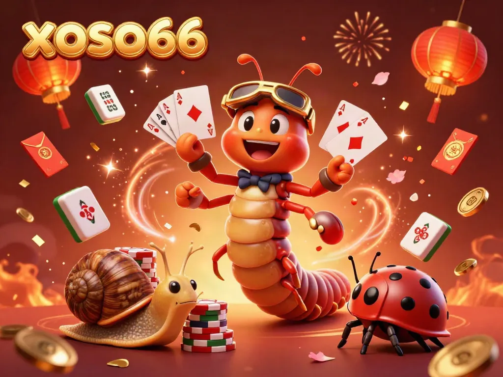 Experience xoso66 excitement with a vibrant casino scene featuring a cartoon millipede dealer.