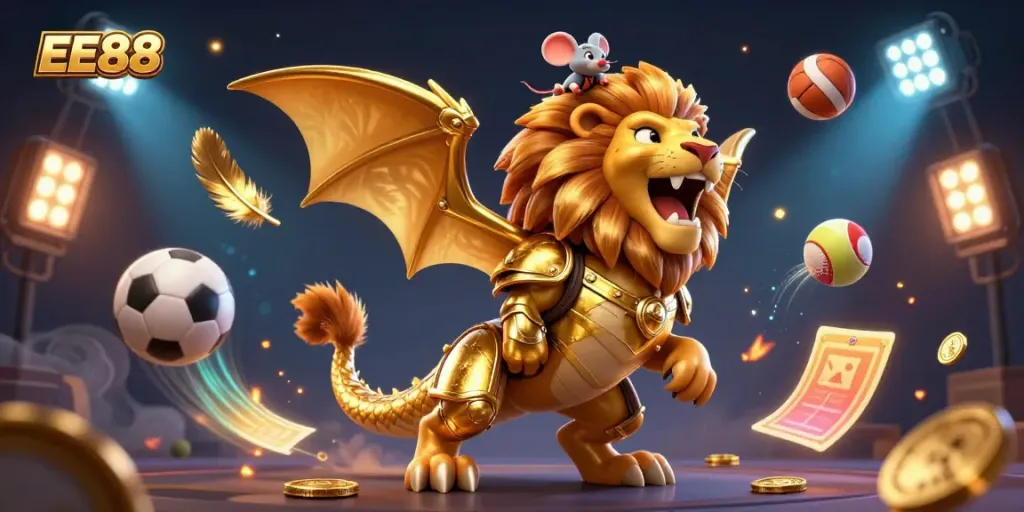 Engage with EE88's dynamic gaming experience showcasing a golden chimera and sports elements.