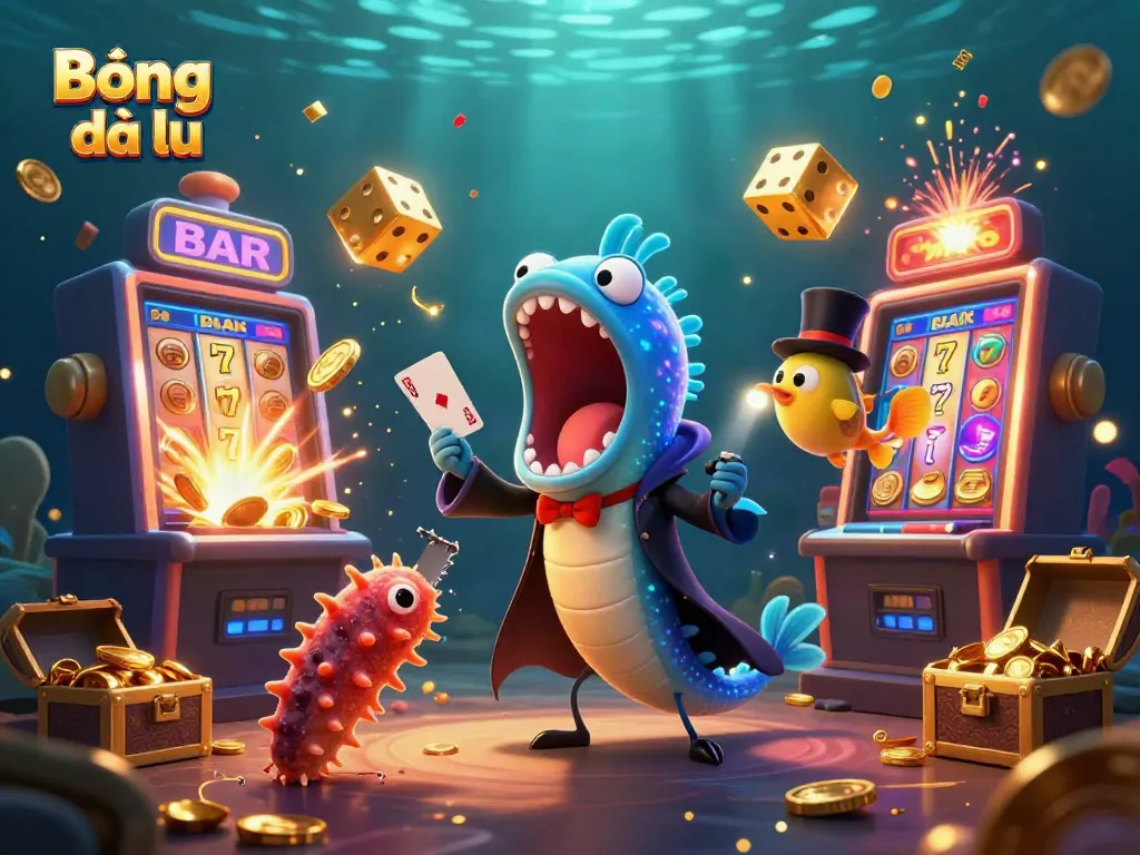 Bóng đá lu showcases a vibrant underwater casino scene featuring a bioluminescent eel performing tricks amidst coins, dice, and game symbols.