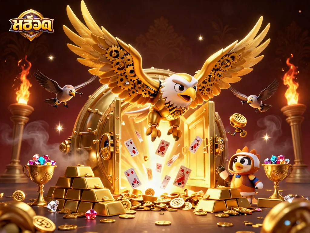 Engage with สล็อต excitement in this dynamic 3D digital illustration featuring a golden eagle amidst casino treasures.