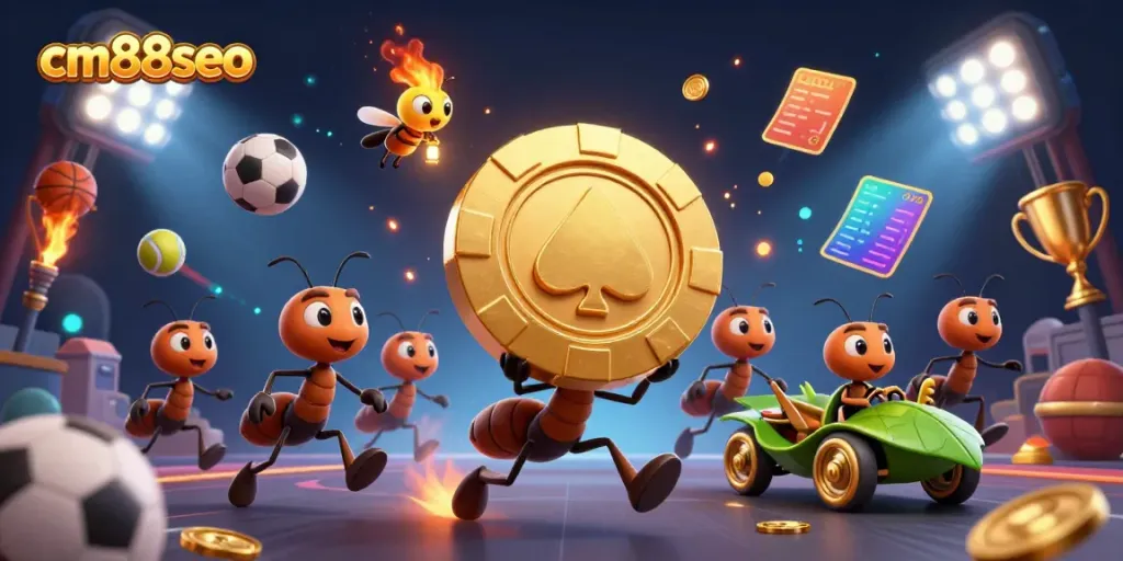 Engage in thrilling gameplay at cm88seo, featuring cartoon ants heist with poker chip.