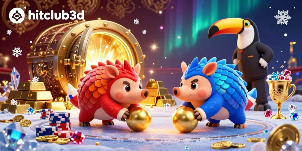 Engage with hitclub3d as rival pangolins enjoy a thrilling golden ball game amidst exciting casino elements.