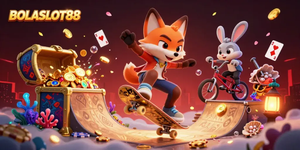 BOLASLOT88 brings excitement with a fox doing skateboard tricks over golden chips in a vibrant casino scene.