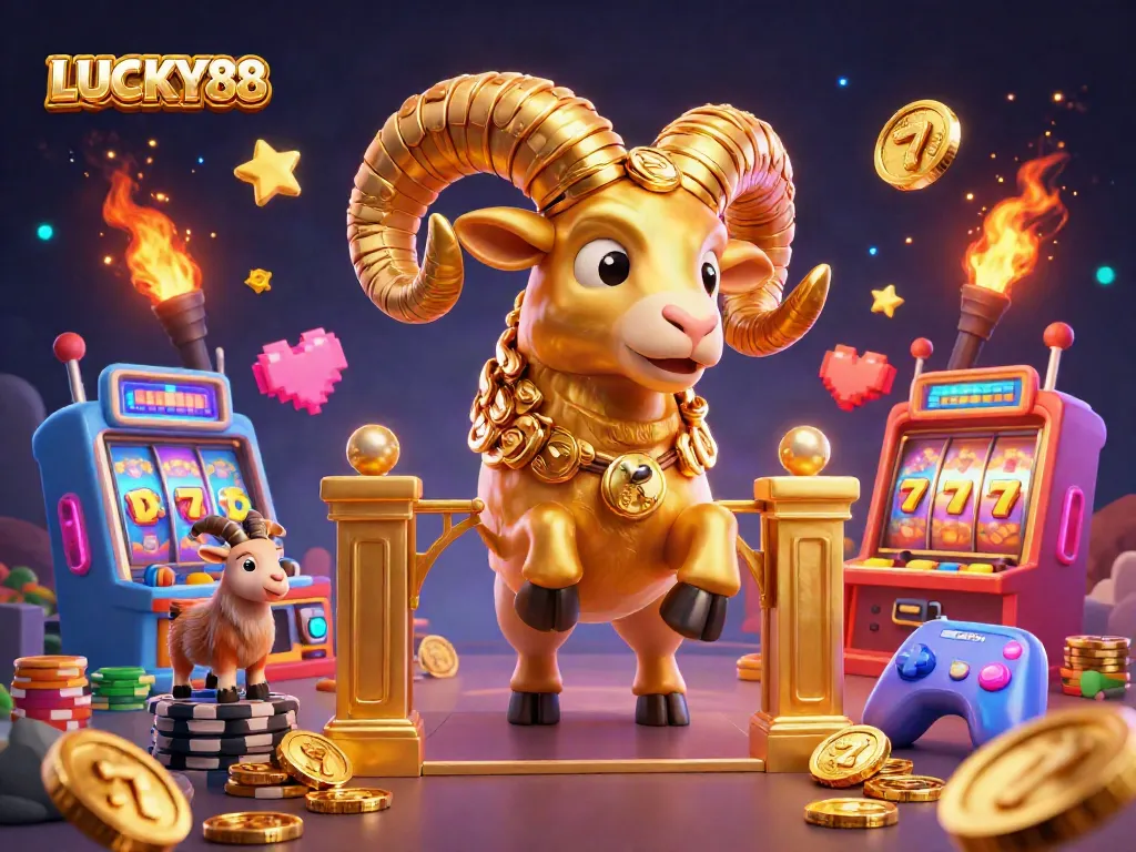 Engage with the LUCKY88 slot action in this vibrant casino scene featuring golden ram and colorful game machines.