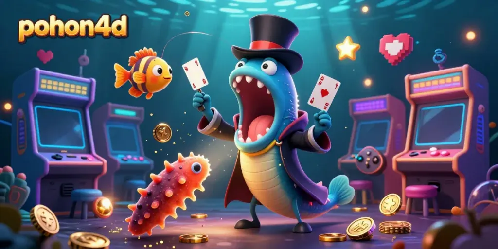 Experience thrilling gameplay at pohon4d with a vibrant underwater casino themed scene featuring card tricks and fun elements.