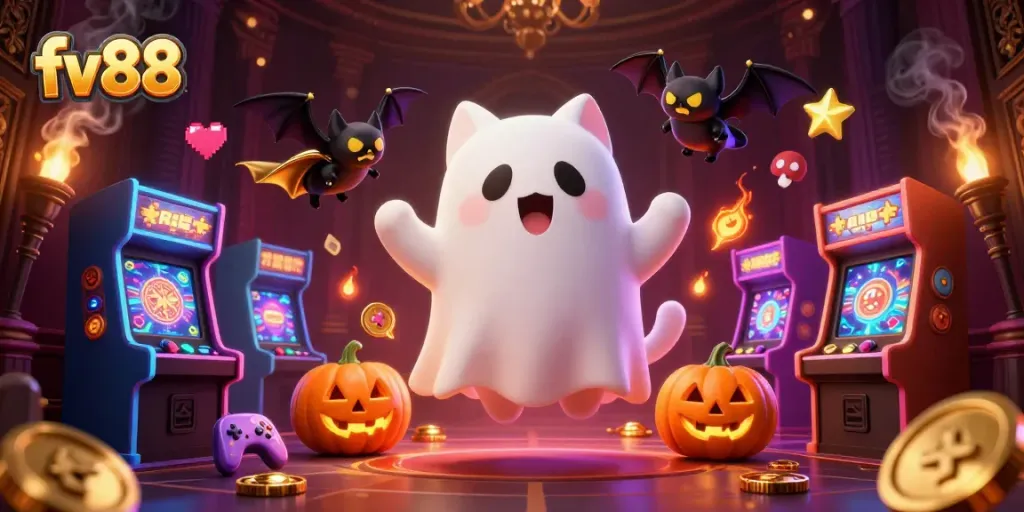Engage with the captivating fv88 casino experience featuring a ghost cat and glowing elements.