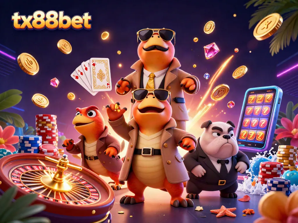 Experience thrilling wins with tx88bet in a vibrant casino scene featuring raptors and a bouncer.