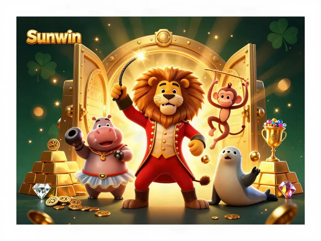 Engaging Sunwin carnival scene with dynamic 3D characters celebrating gaming wins amidst shining treasures.