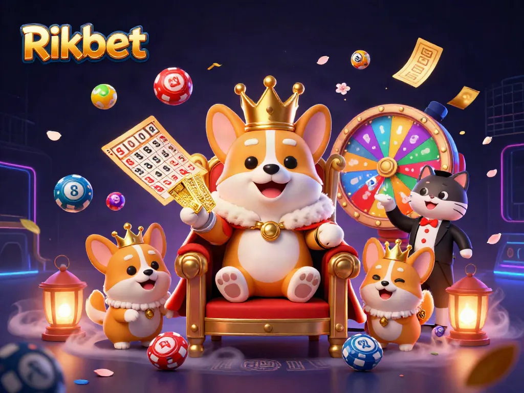 Engage with exciting Rikbet gaming through a colorful 3D casino scene featuring a royal corgi and vibrant lottery elements.