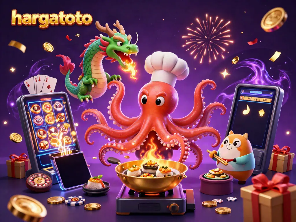 Engage in vibrant hargatoto gaming with a humorous sushi octopus, dragon, and tanuki characters.