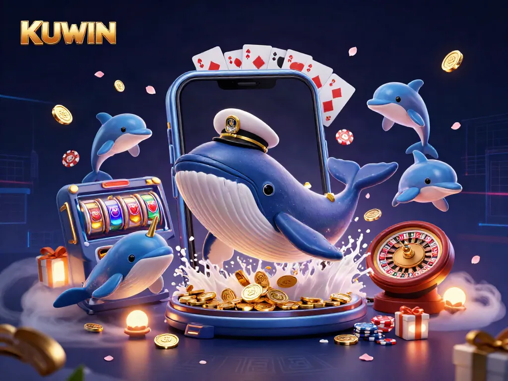 KUWIN players winning jackpots in an ultra-detailed 3D casino world with whales and dolphins.