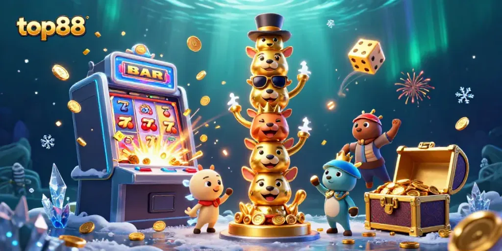 Experience the thrill of top88 slots with a vibrant 3D scene featuring diverse casino elements.