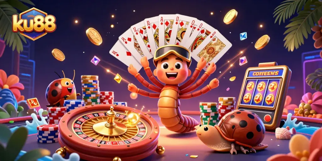 ku88 dealer illustration showcasing exciting casino elements and vibrant characters