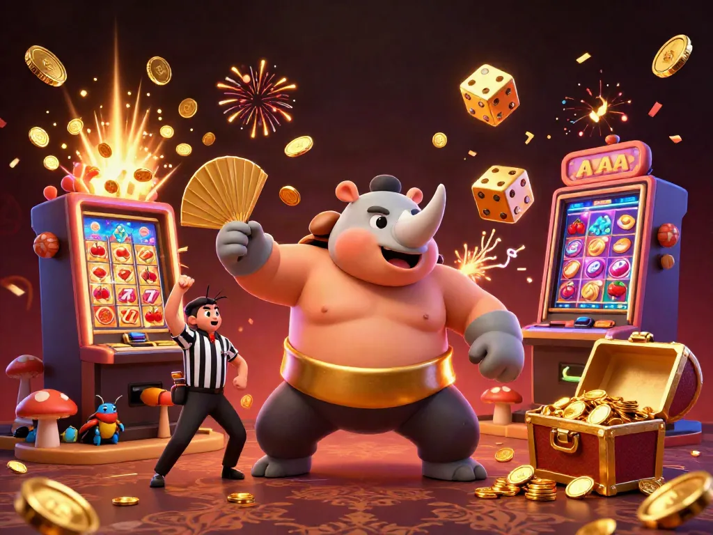 Experience the excitement at XX8 casino with a dynamic scene of a beetle sumo champion and vibrant slot elements.