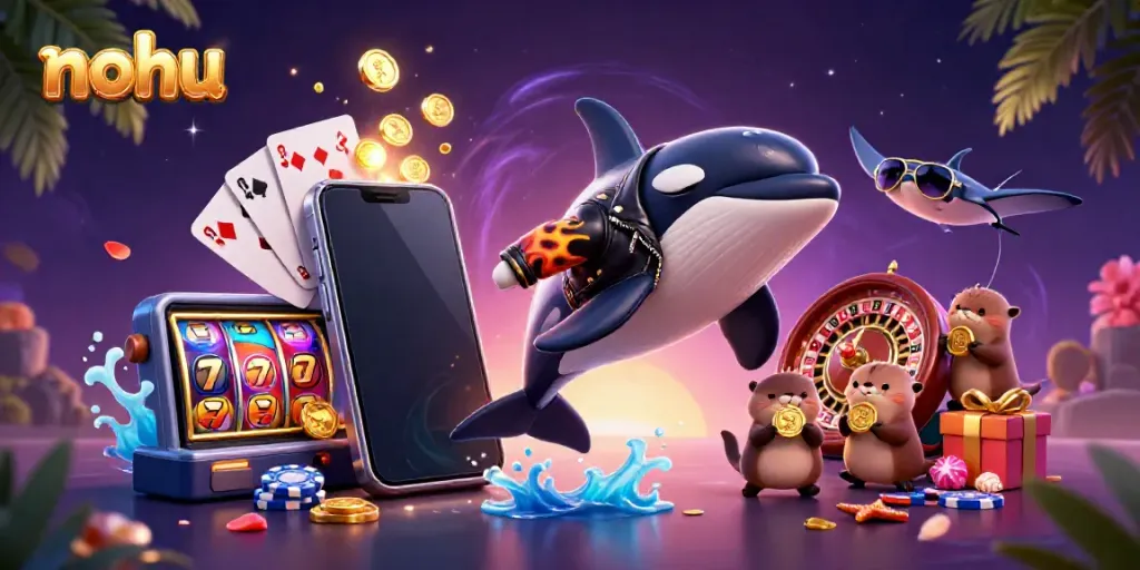 Experience excitement at Nohu with a cartoon orca and otters amidst casino elements, celebrating big wins.