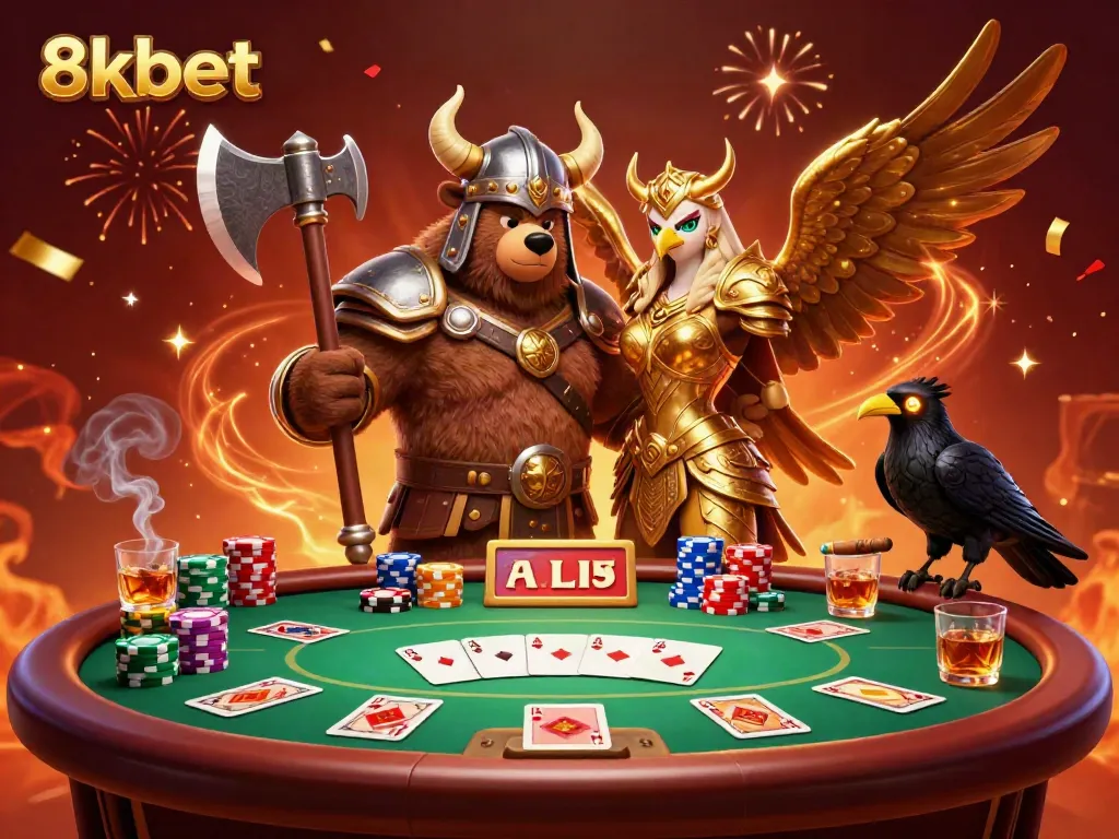 Experience the excitement of 8kbet with this vibrant casino scene showcasing a Viking bear and Valkyrie eagle.