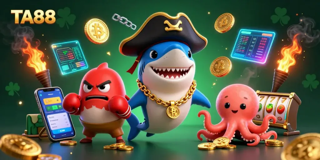 Engage in exciting gameplay with TA88's online casino featuring colorful characters and dynamic crypto elements.