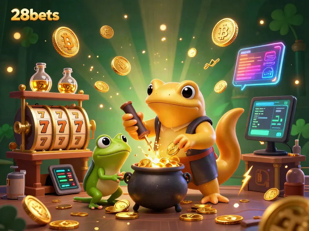 Experience the enchanting 28bets scene with a golden salamander alchemist and a bubbling cauldron in a vibrant 3D casino.