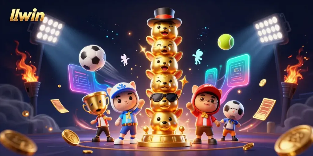 Experience thrilling gameplay with llwin's unique characters and dynamic sports elements in a vibrant casino illustration.