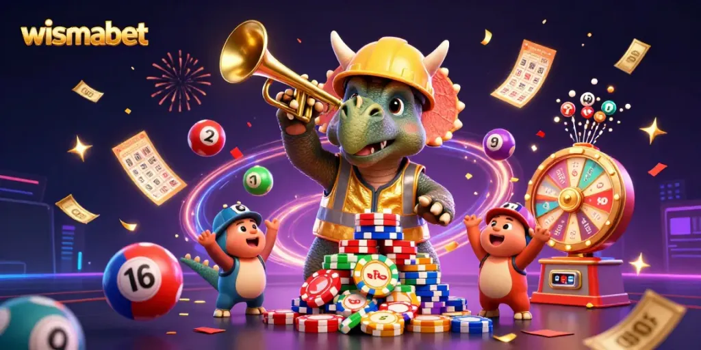 Merayakan kemenangan di wismabet dengan chip poker dan bola lotere yang berwarna-warni.