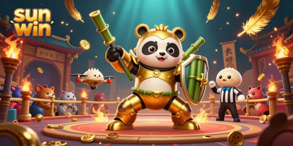 Engage in thrilling games with sun win's dynamic casino scene featuring a golden panda and vibrant elements.