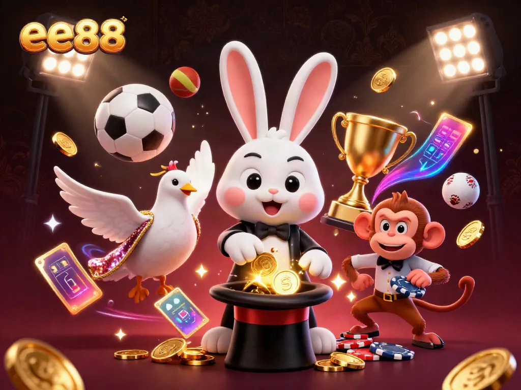 Experience excitement at ee88 with colorful animated characters surrounded by sports elements.