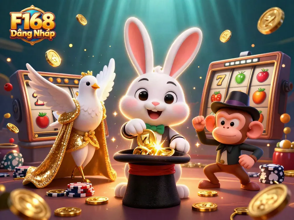 Experience thrilling wins with F168 Đăng Nhập in a vibrant casino scene featuring playful characters and dynamic gaming elements.